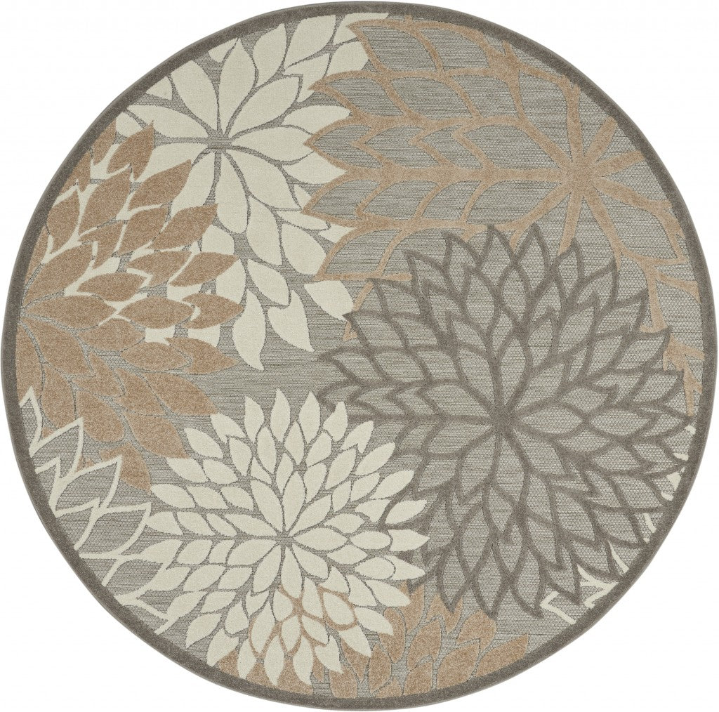 8' Round Gray And Ivory Round Floral Indoor Outdoor Area Rug