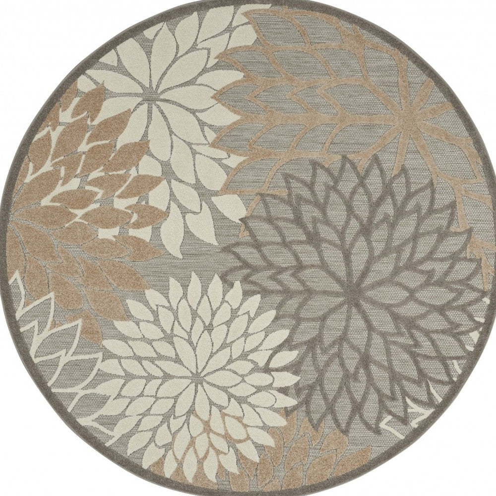 8' Round Gray And Ivory Round Floral Indoor Outdoor Area Rug