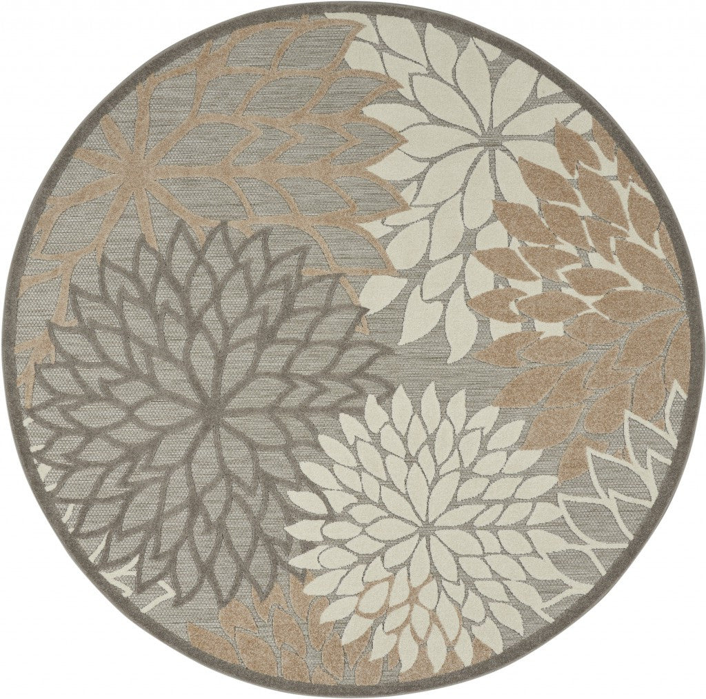 8' Round Gray And Ivory Round Floral Indoor Outdoor Area Rug