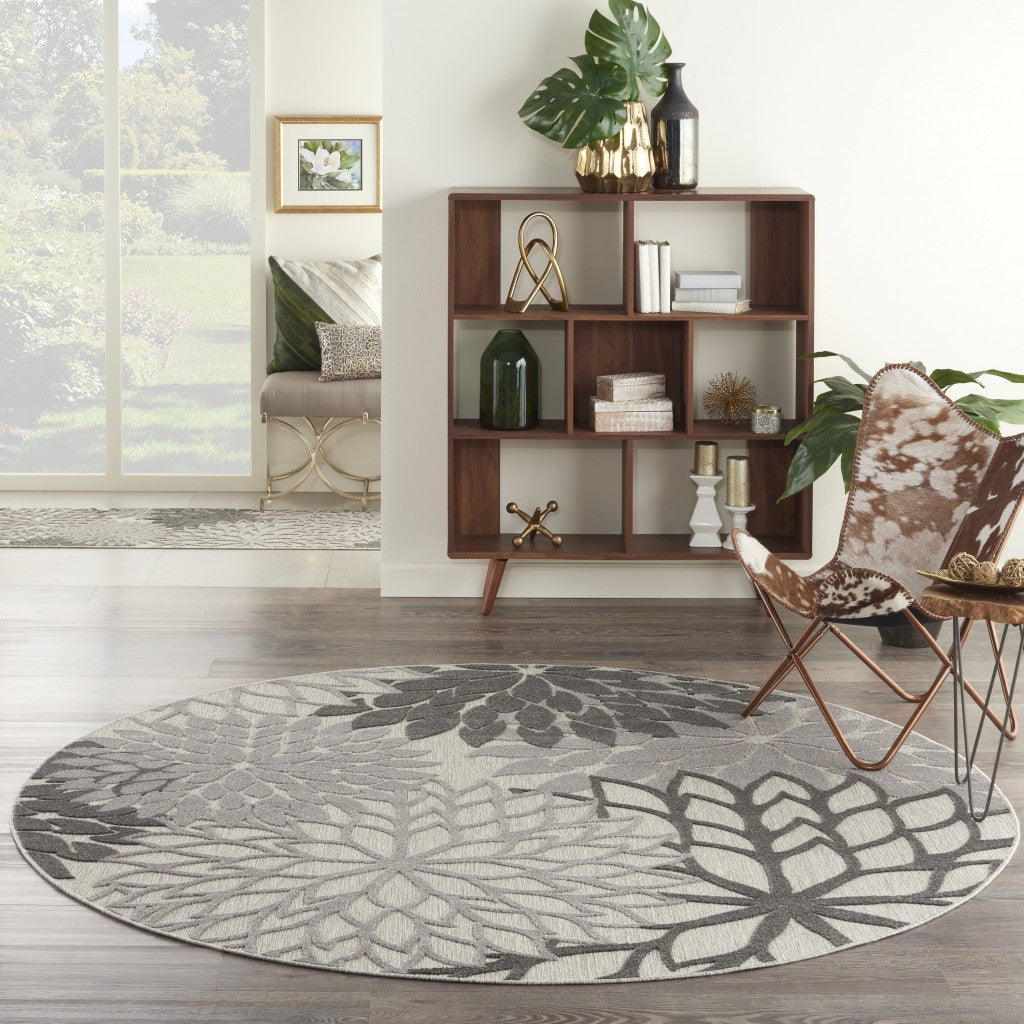 8' Round Gray Round Floral Indoor Outdoor Area Rug