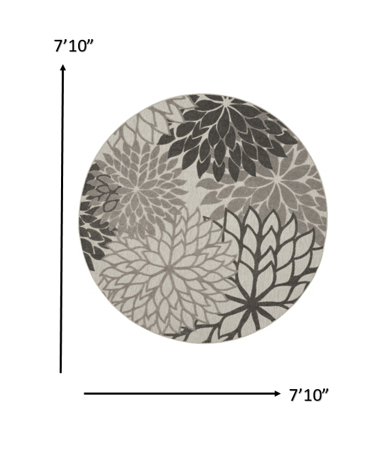 8' Round Gray Round Floral Indoor Outdoor Area Rug