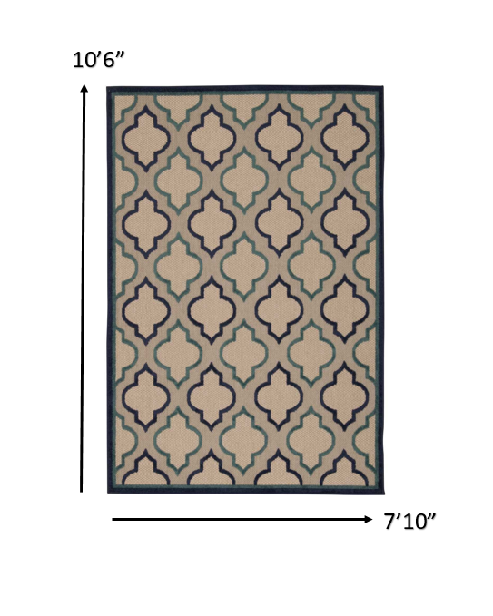 8' X 11' Blue And Ivory Geometric Indoor Outdoor Area Rug