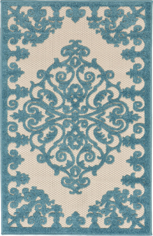 3' X 4' Aqua Damask Indoor Outdoor Area Rug