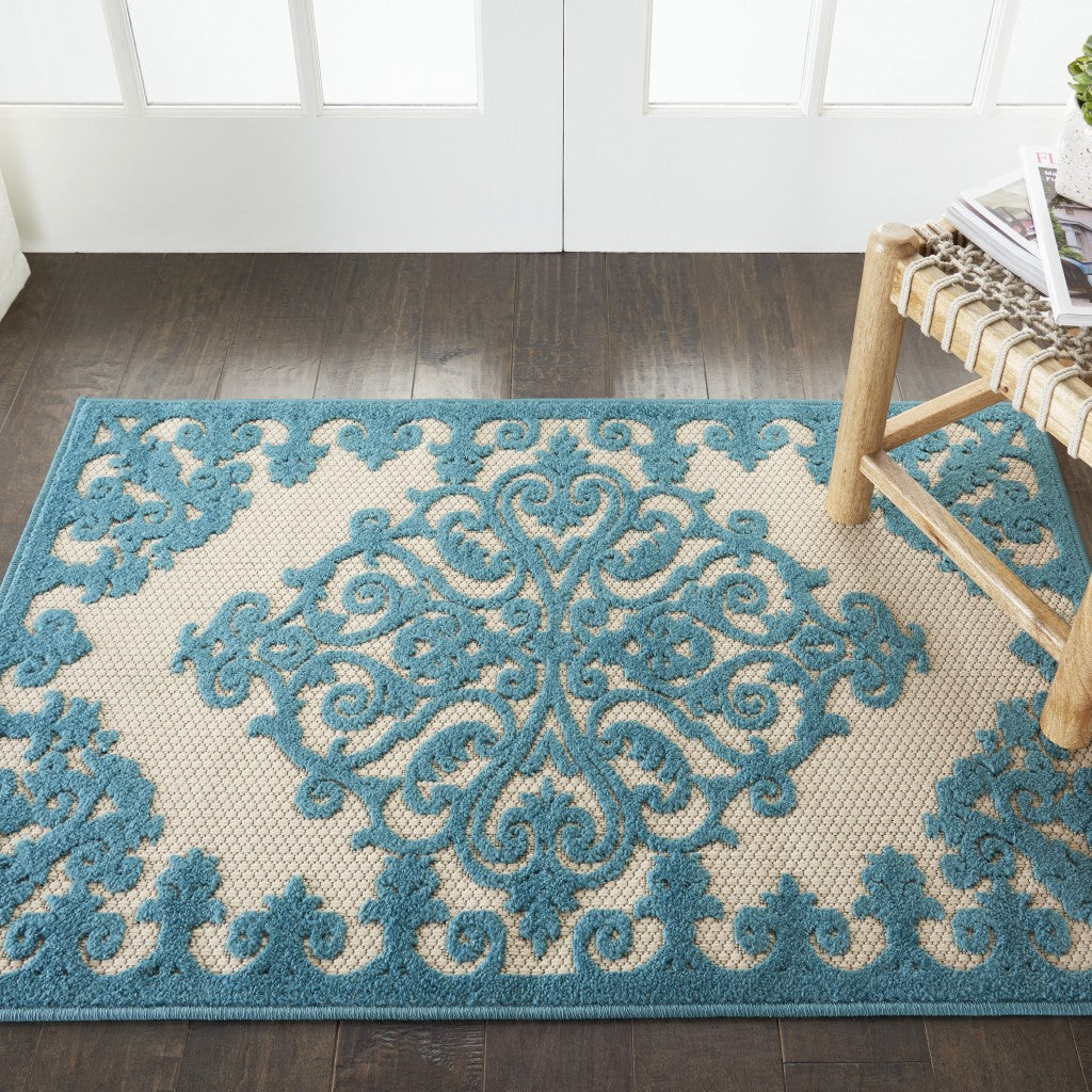 3' X 4' Aqua Damask Indoor Outdoor Area Rug