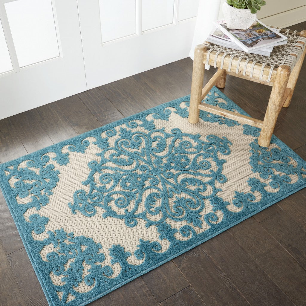 3' X 4' Aqua Damask Indoor Outdoor Area Rug