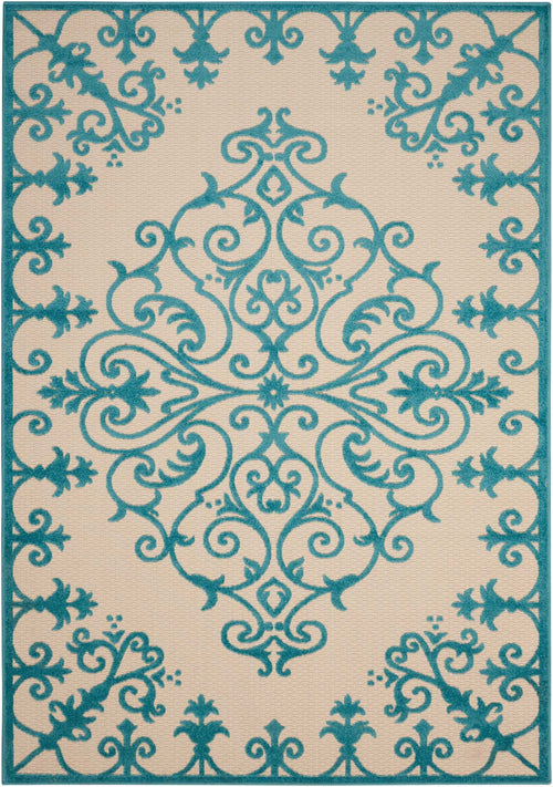 4' X 6' Aqua Damask Indoor Outdoor Area Rug