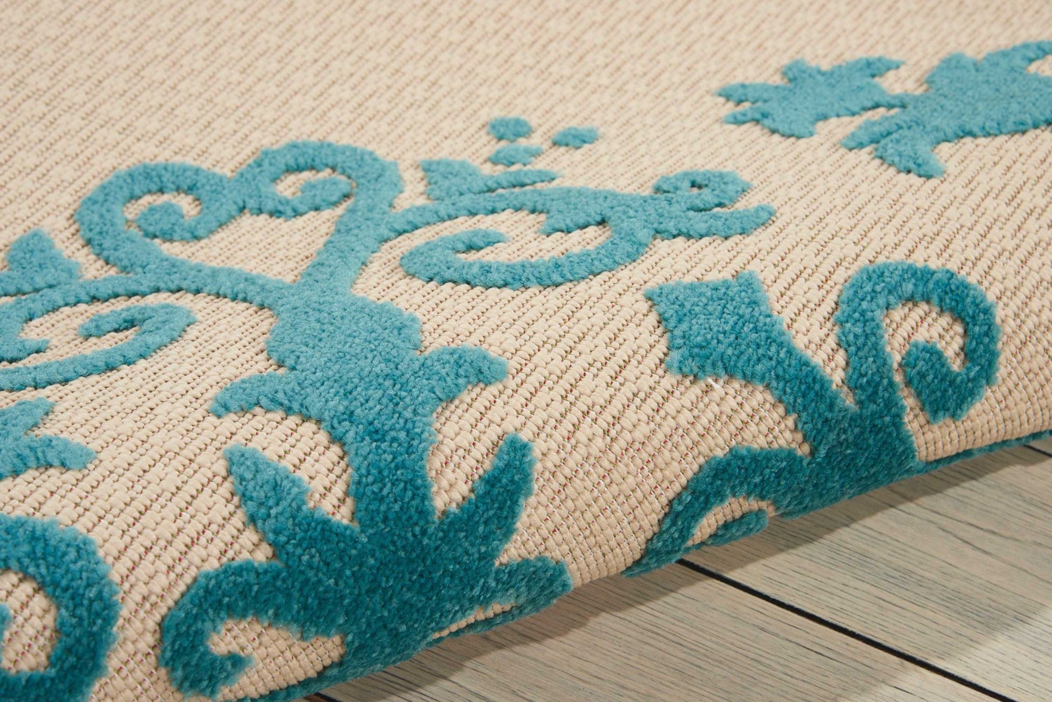 5' X 8' Aqua Damask Indoor Outdoor Area Rug