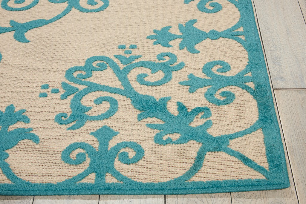 5' X 8' Aqua Damask Indoor Outdoor Area Rug