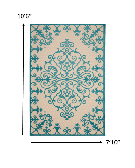 8' X 11' Aqua Damask Indoor Outdoor Area Rug