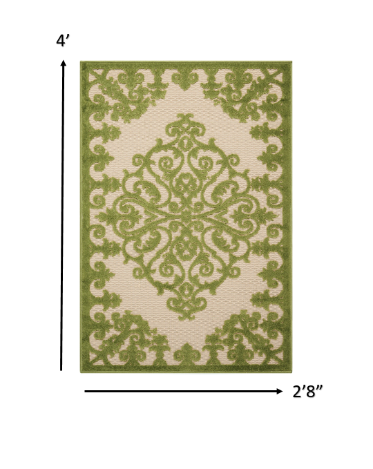 3' X 4' Green Damask Indoor Outdoor Area Rug