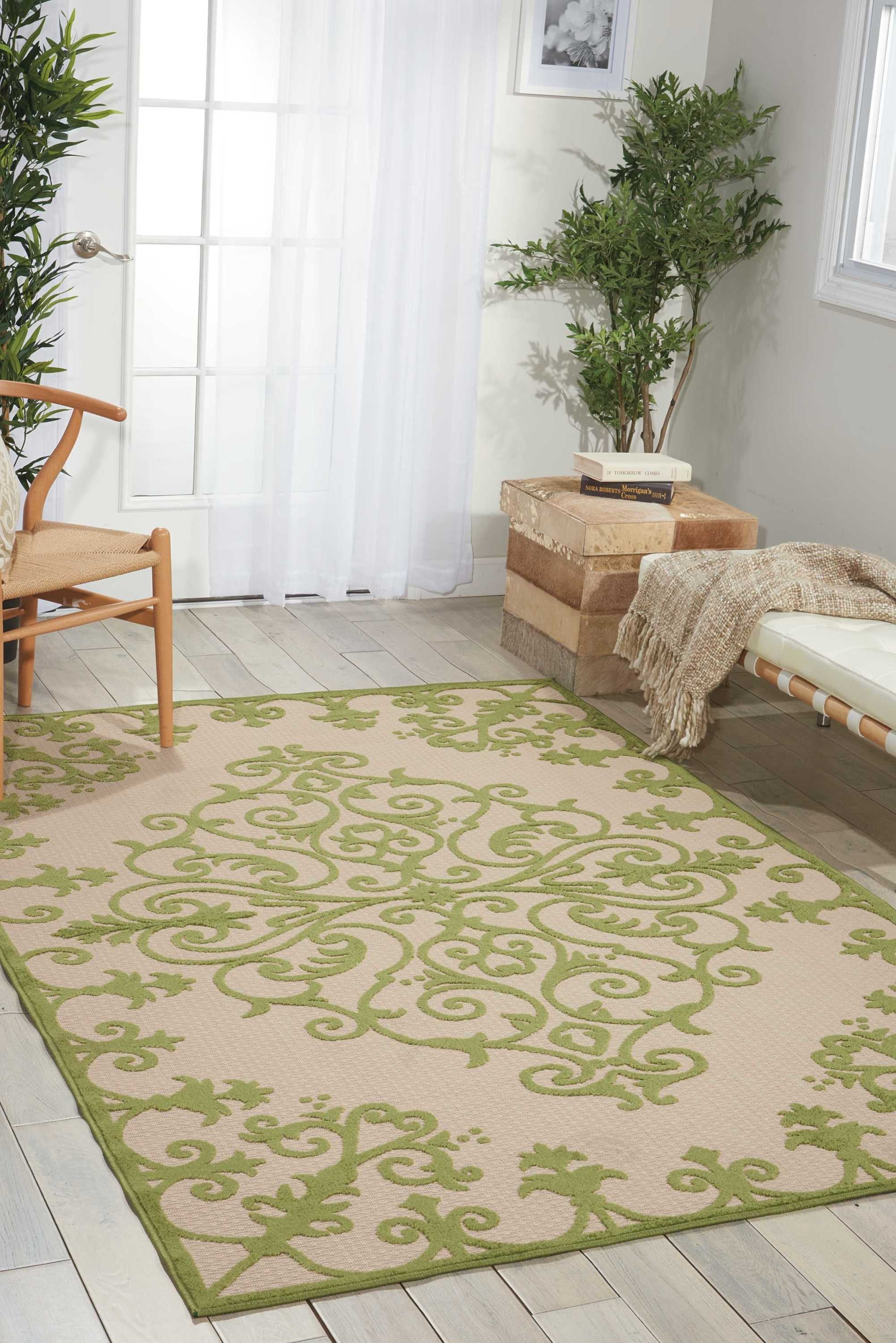 5' X 8' Green Damask Indoor Outdoor Area Rug