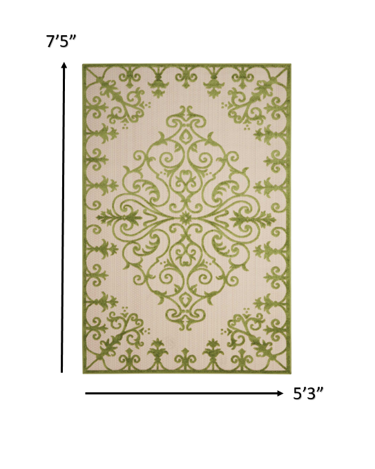 5' X 8' Green Damask Indoor Outdoor Area Rug