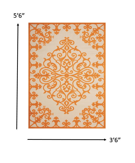 4' X 6' Orange And Ivory Damask Indoor Outdoor Area Rug