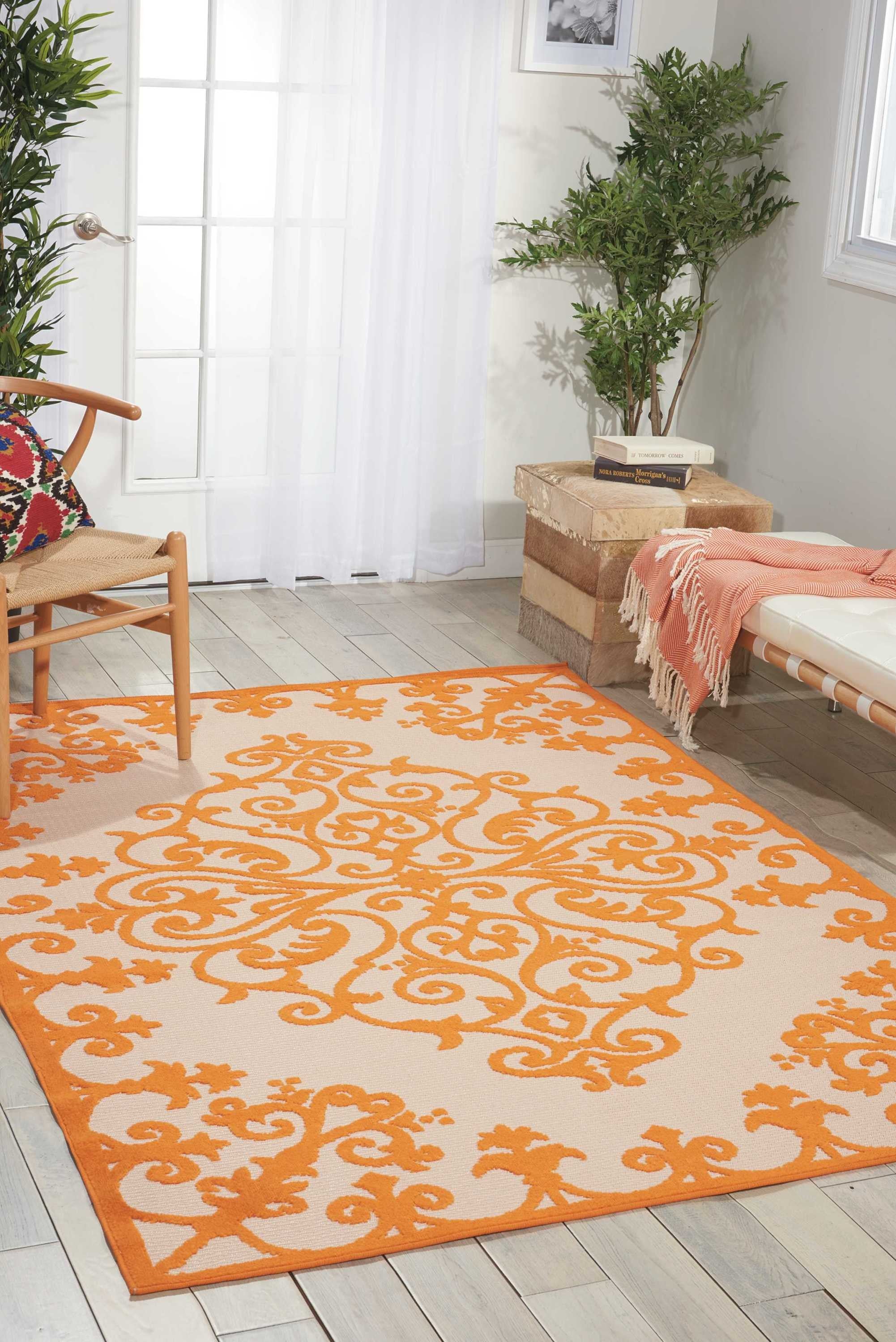 8' X 11' Orange And Ivory Damask Indoor Outdoor Area Rug