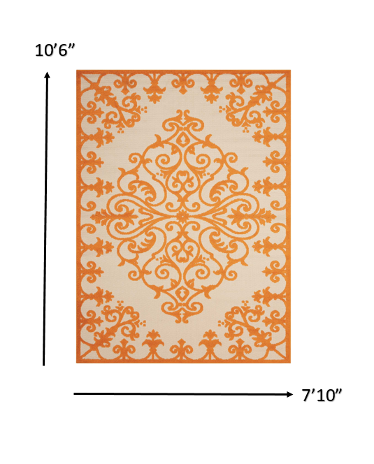 8' X 11' Orange And Ivory Damask Indoor Outdoor Area Rug