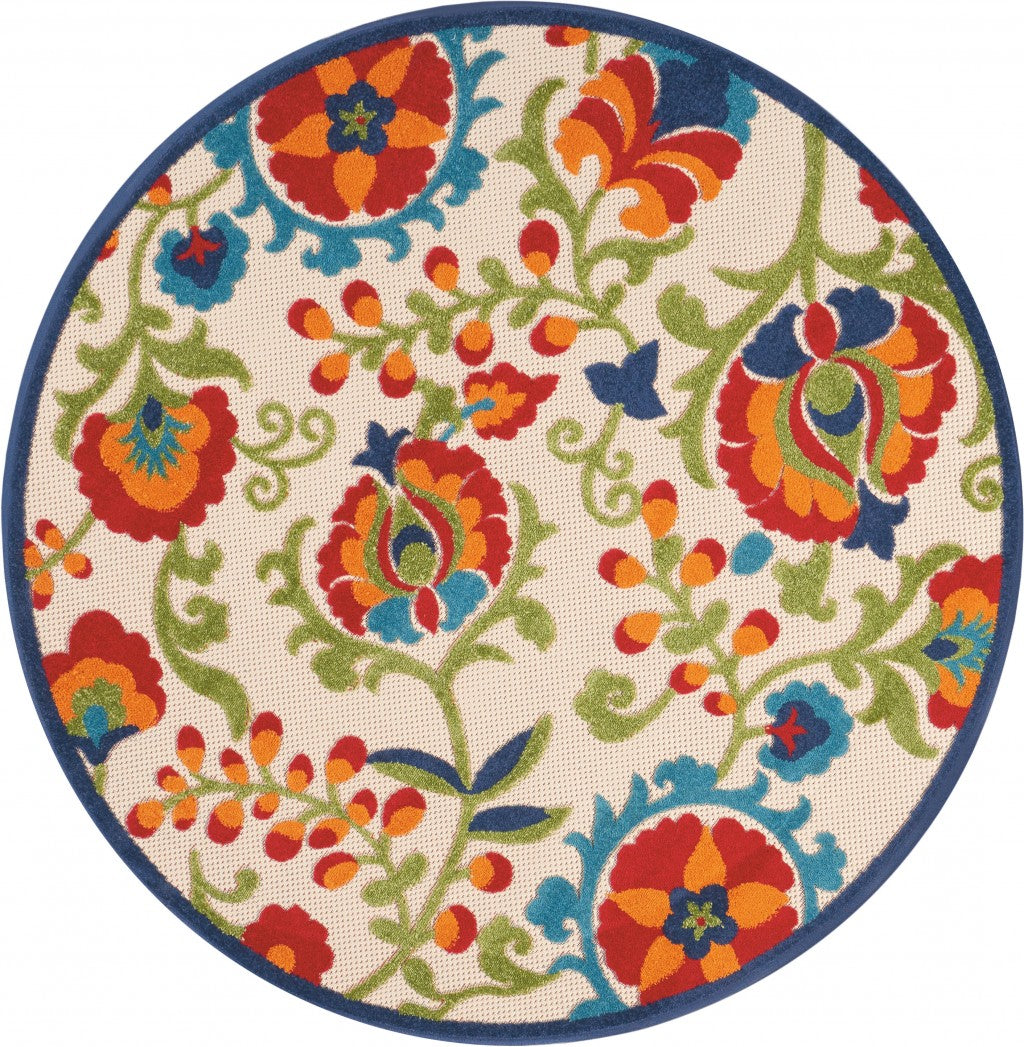 4' Round Green And Ivory Round Floral Indoor Outdoor Area Rug