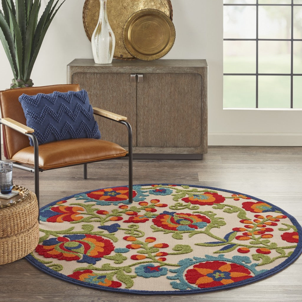 4' Round Green And Ivory Round Floral Indoor Outdoor Area Rug