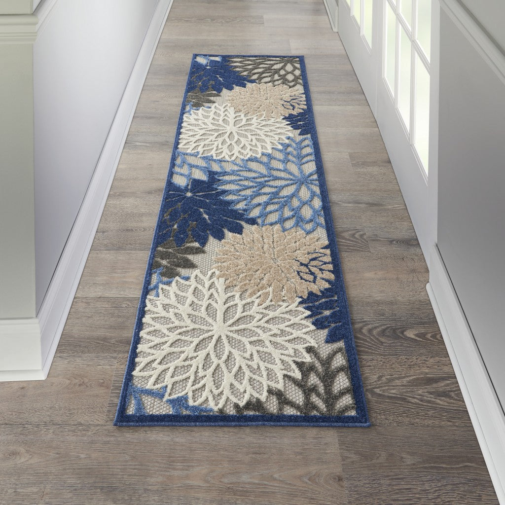 2' X 6' Blue And Gray Floral Indoor Outdoor Area Rug