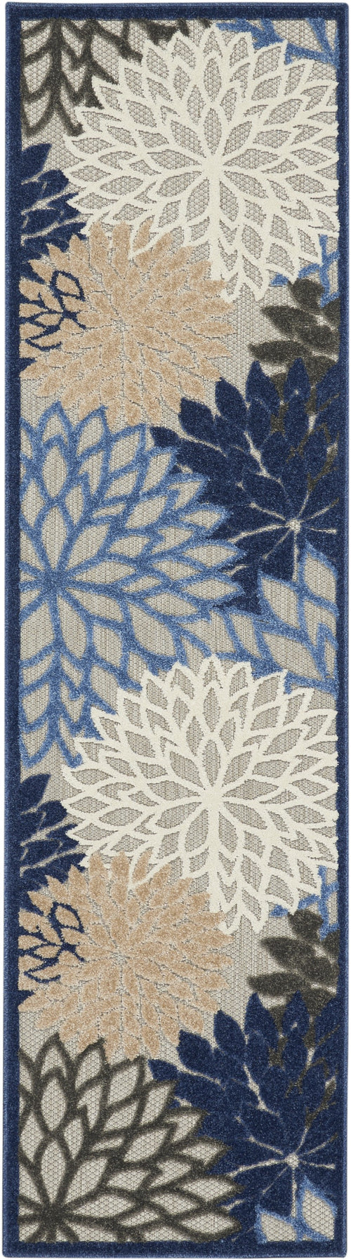 2' X 8' Blue And Gray Floral Indoor Outdoor Area Rug