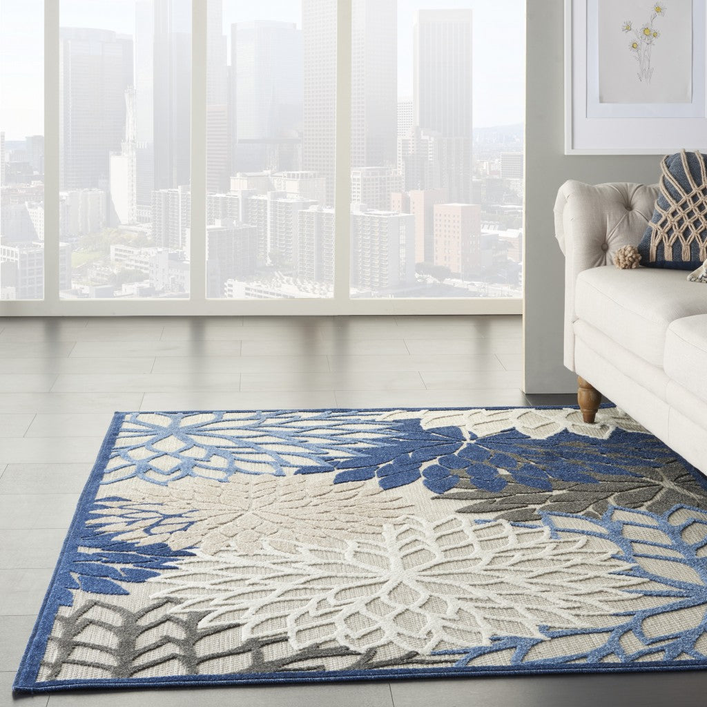 4' X 6' Blue And Gray Floral Indoor Outdoor Area Rug