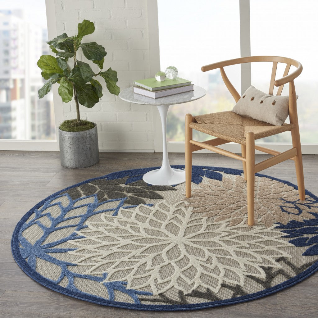 5' Round Blue And Gray Round Floral Indoor Outdoor Area Rug