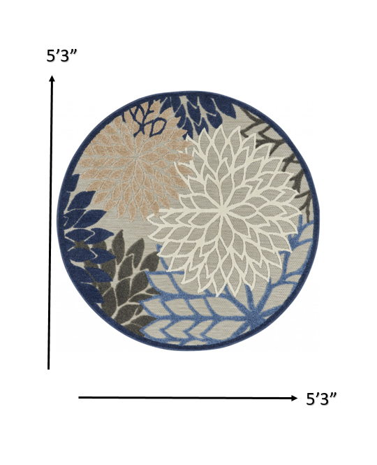 5' Round Blue And Gray Round Floral Indoor Outdoor Area Rug