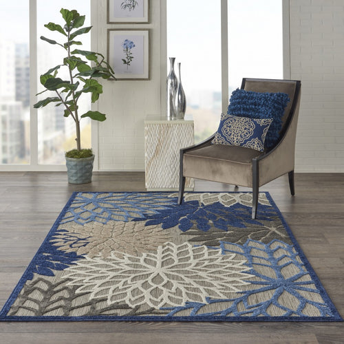 6' X 9' Blue And Gray Floral Indoor Outdoor Area Rug