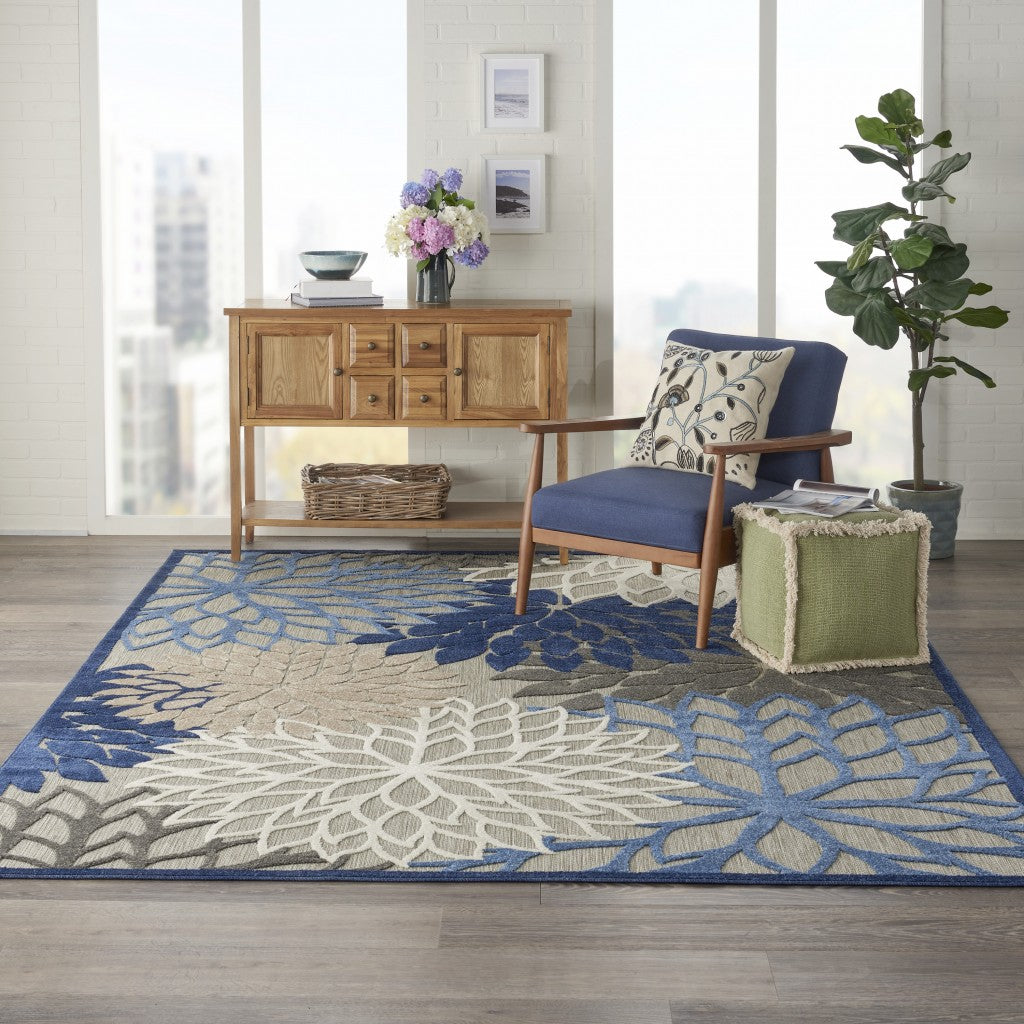 8' X 11' Blue And Gray Floral Indoor Outdoor Area Rug