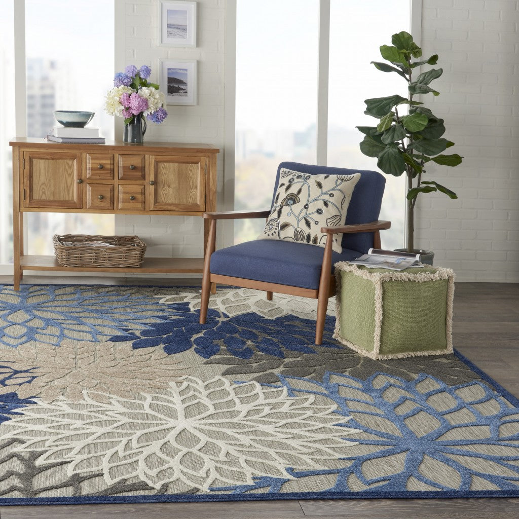 8' X 11' Blue And Gray Floral Indoor Outdoor Area Rug