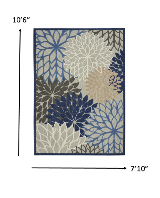 8' X 11' Blue And Gray Floral Indoor Outdoor Area Rug