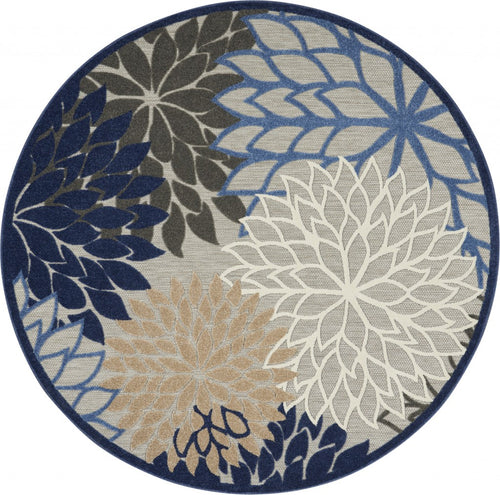 8' Round Blue And Gray Round Floral Indoor Outdoor Area Rug