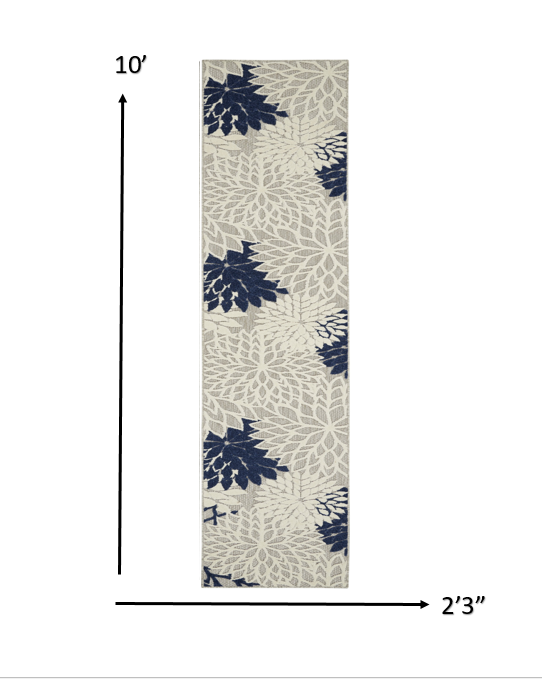 2' X 10' Ivory And Blue Floral Indoor Outdoor Area Rug