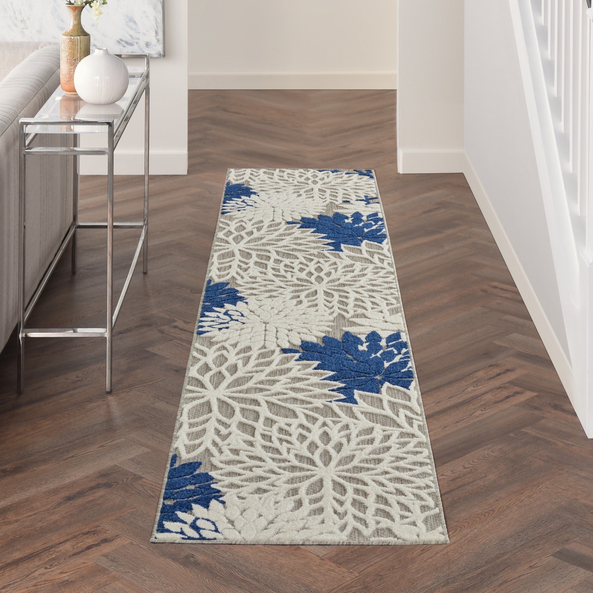 2’ x 12’ Ivory and Navy Indoor Outdoor Runner Rug