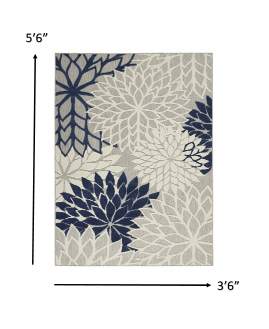 4' X 6' Ivory And Blue Floral Indoor Outdoor Area Rug