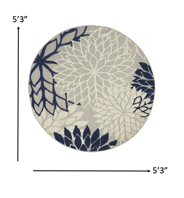 5' Round Ivory And Blue Round Floral Indoor Outdoor Area Rug