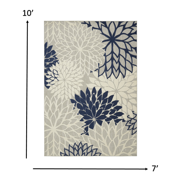 7' X 10' Ivory And Blue Floral Indoor Outdoor Area Rug