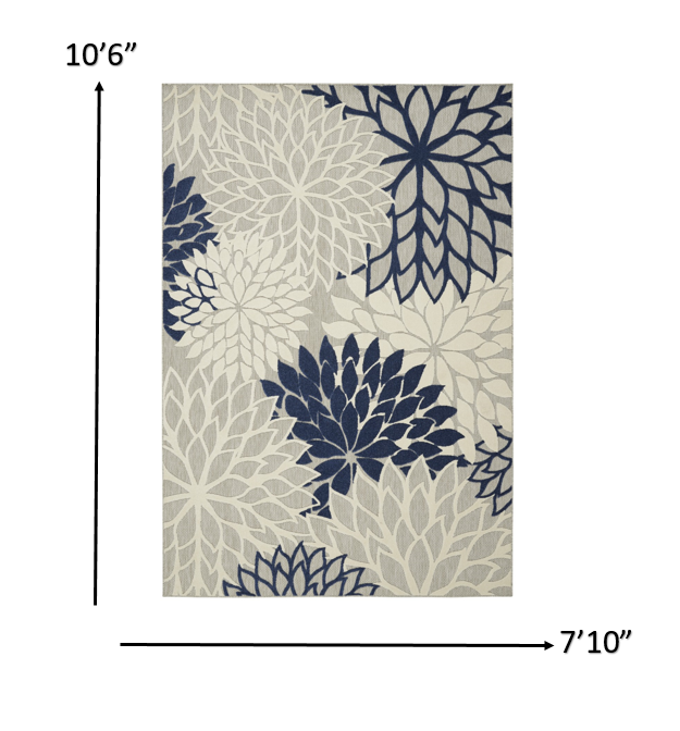 8' X 11' Ivory And Blue Floral Indoor Outdoor Area Rug