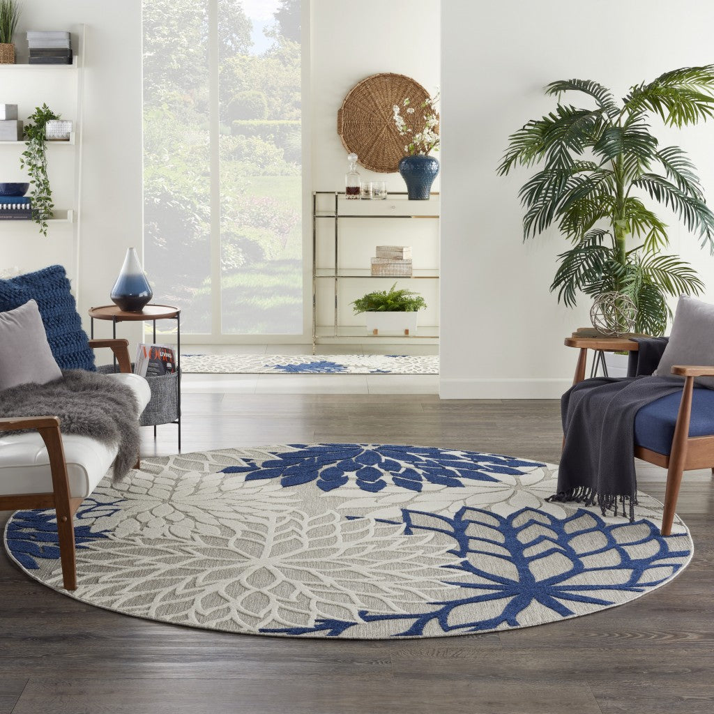 8' Round Ivory And Blue Round Floral Indoor Outdoor Area Rug