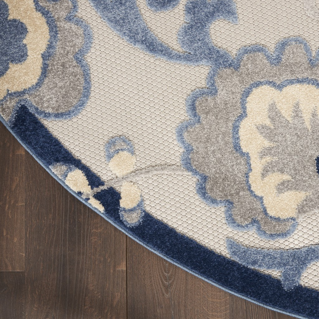 4' Round Blue And Gray Round Floral Indoor Outdoor Area Rug