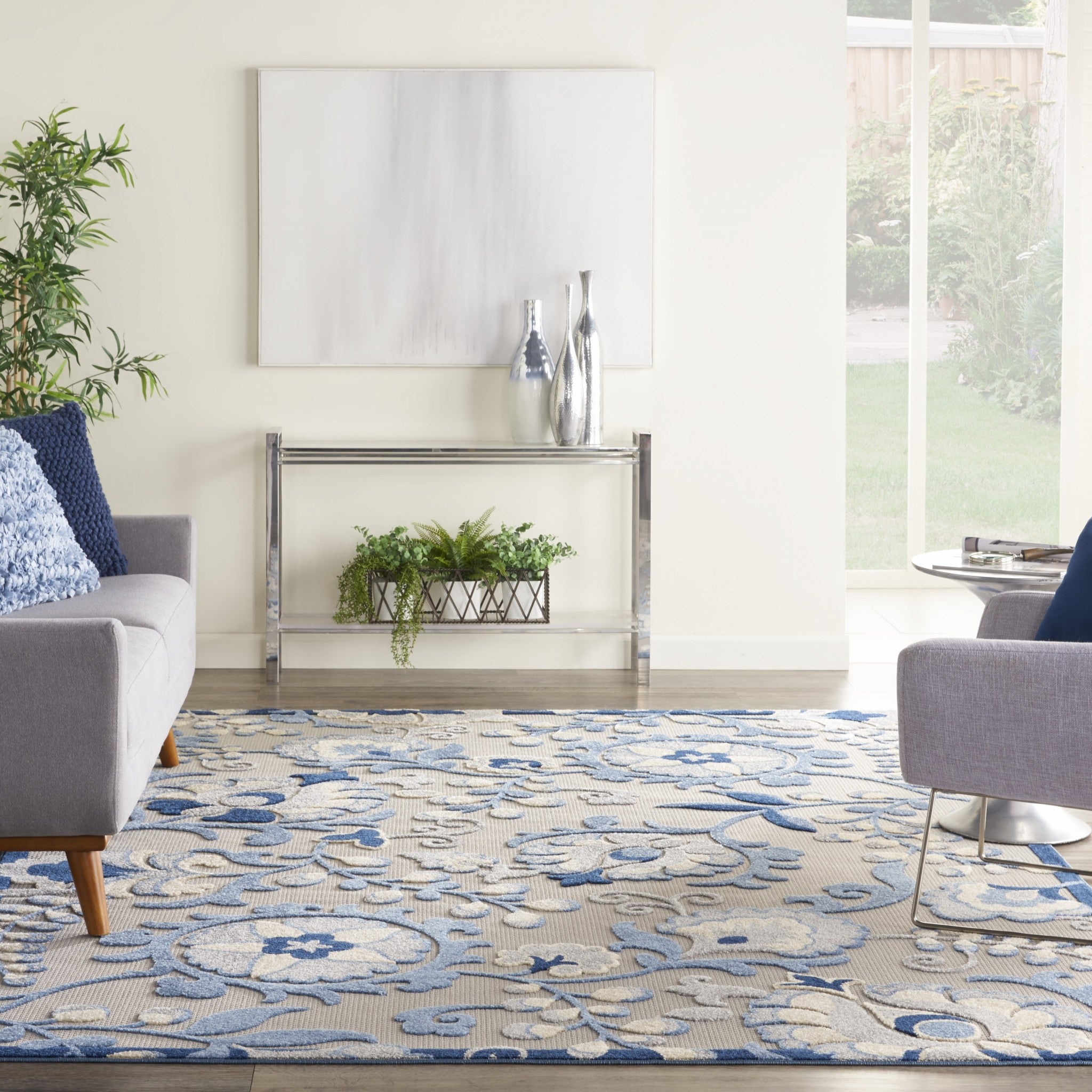 7' X 10' Blue And Gray Floral Indoor Outdoor Area Rug