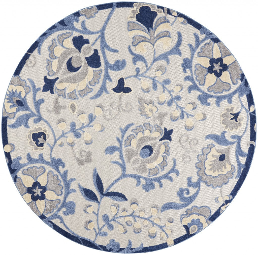 8' Round Blue And Gray Round Floral Indoor Outdoor Area Rug