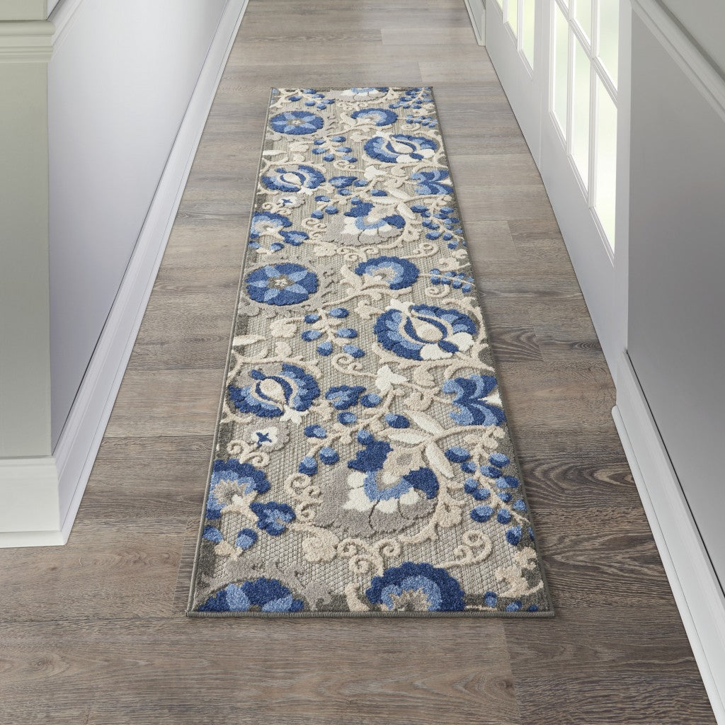 2' X 6' Blue And Gray Floral Indoor Outdoor Area Rug