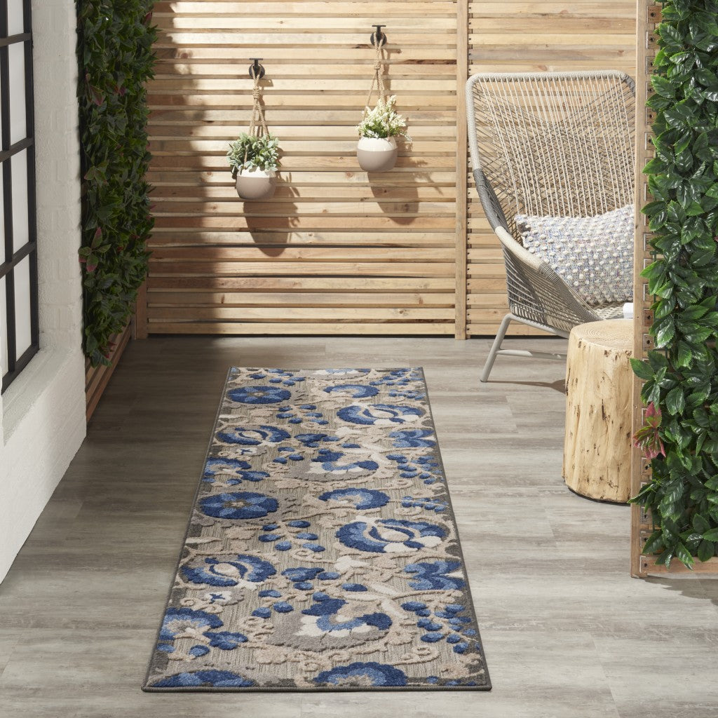 2' X 6' Blue And Gray Floral Indoor Outdoor Area Rug