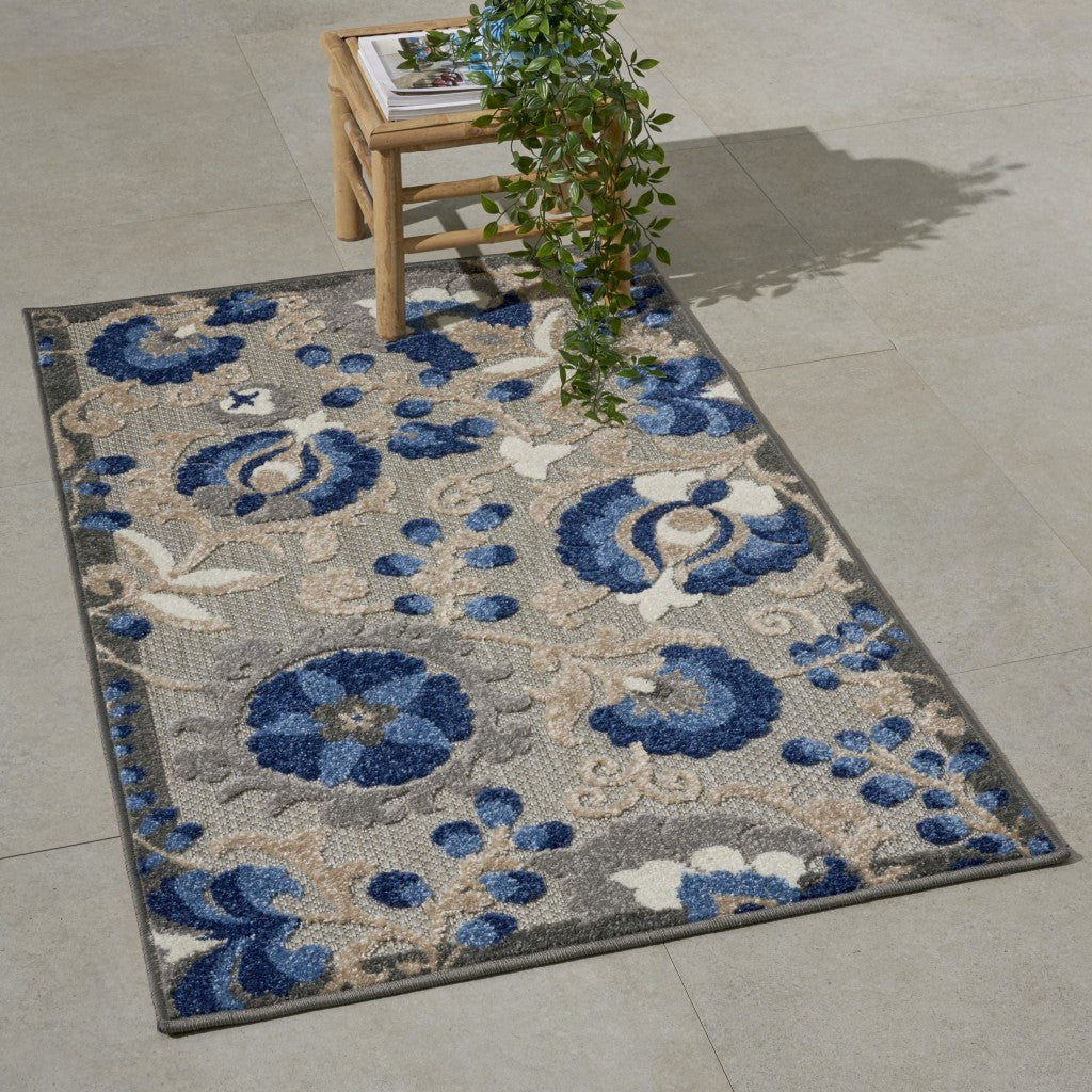 3' X 4' Blue And Gray Floral Indoor Outdoor Area Rug