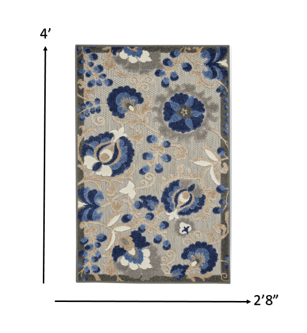 3' X 4' Blue And Gray Floral Indoor Outdoor Area Rug