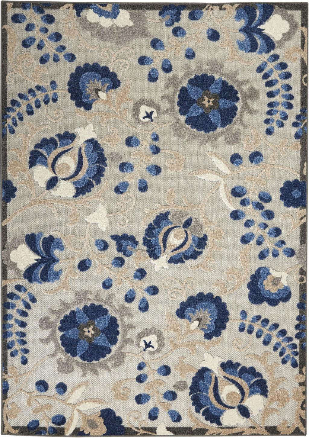 4' X 6' Blue And Gray Floral Indoor Outdoor Area Rug