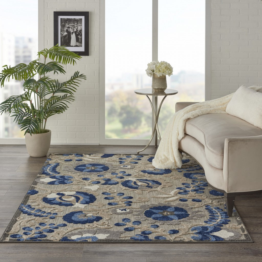 4' X 6' Blue And Gray Floral Indoor Outdoor Area Rug