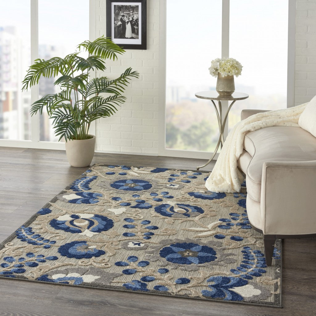 4' X 6' Blue And Gray Floral Indoor Outdoor Area Rug