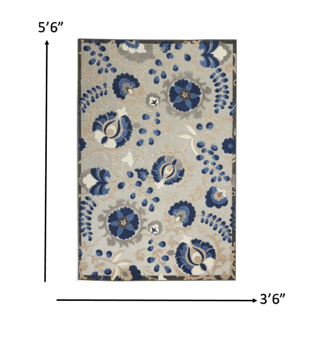 4' X 6' Blue And Gray Floral Indoor Outdoor Area Rug