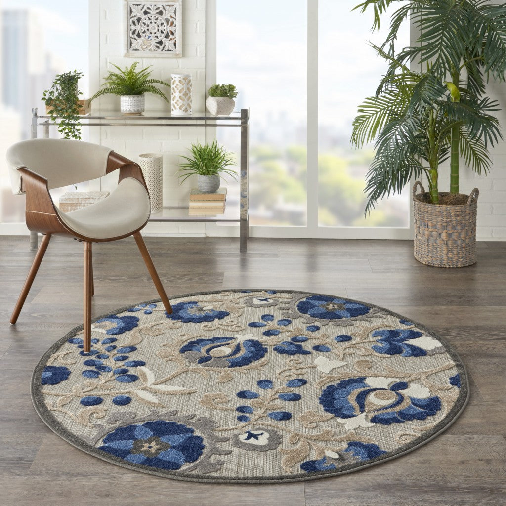 4' Round Blue And Gray Round Floral Indoor Outdoor Area Rug